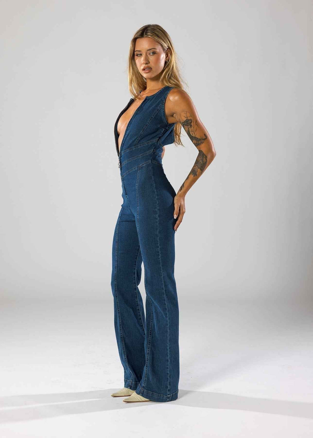 Deep V-Neck Flare Denim Jumpsuit-MODAUTLET
