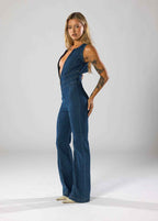 Deep V-Neck Flare Denim Jumpsuit