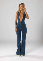 Deep V-Neck Flare Denim Jumpsuit