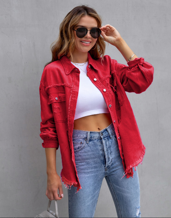 Plus-Size Denim Jacket Red