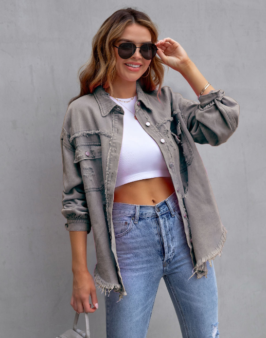 Plus-Size Denim Jacket Gray