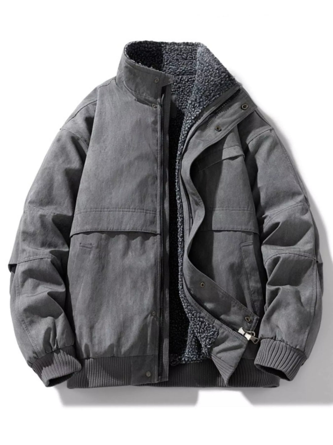 Plus-Size Sherpa Lined Bomber Jacket for Men Gray