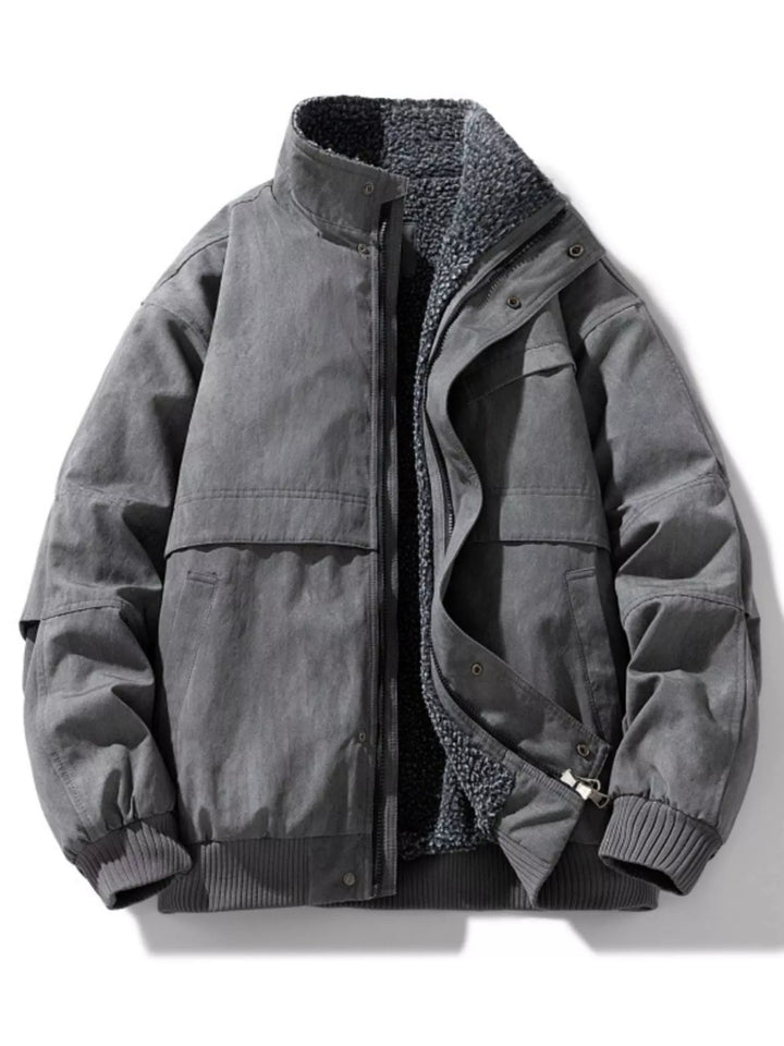 Plus-Size Sherpa Lined Bomber Jacket for Men Gray