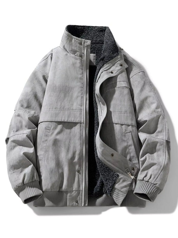Plus-Size Sherpa Lined Bomber Jacket for Men Light Gray