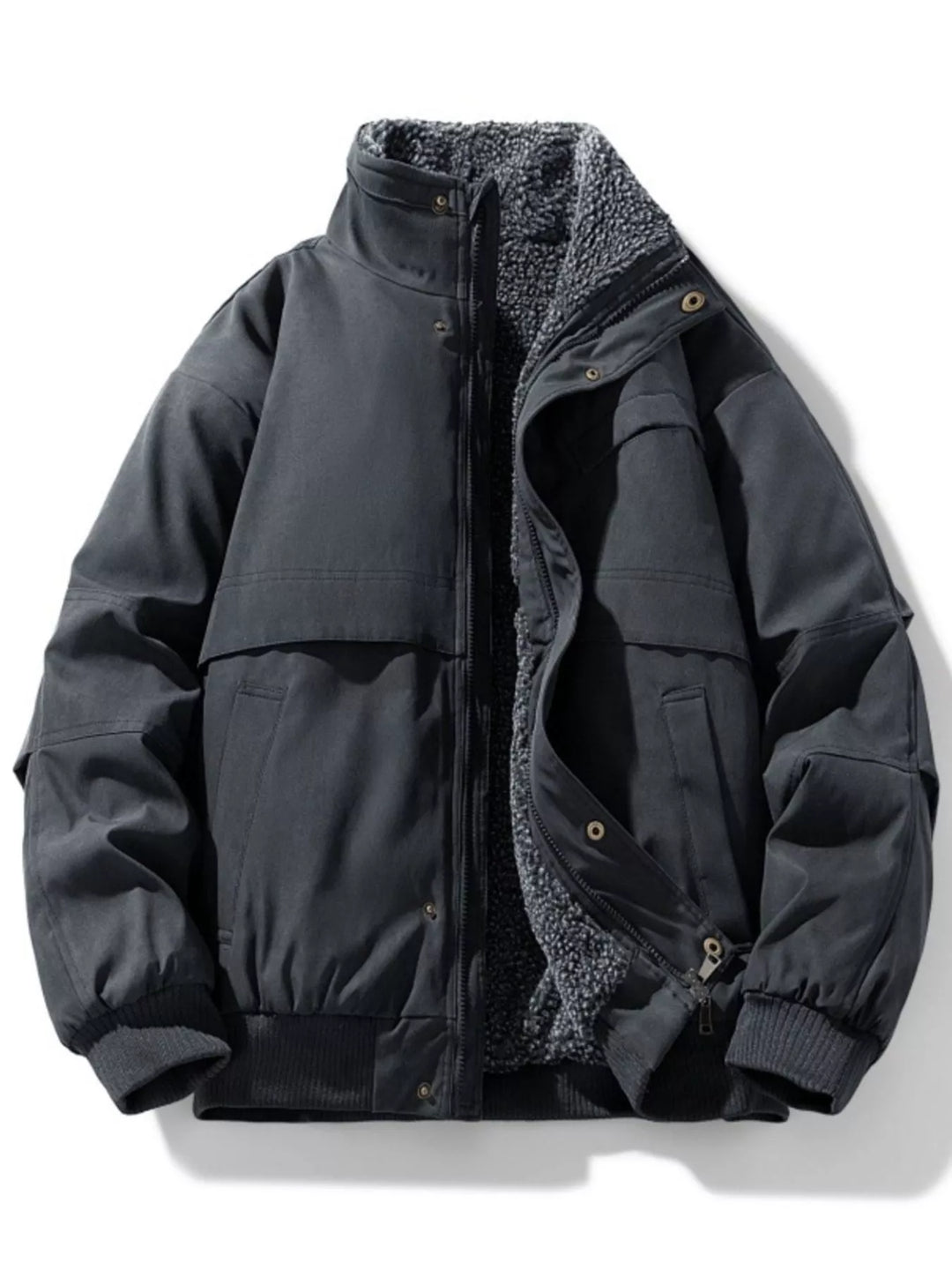 Plus-Size Sherpa Lined Bomber Jacket for Men Black