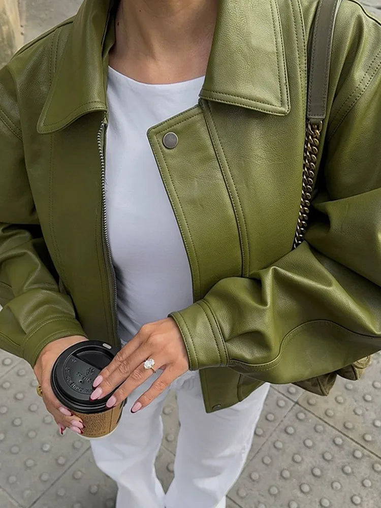 Premium Oversized Faux Leather Jacket Green