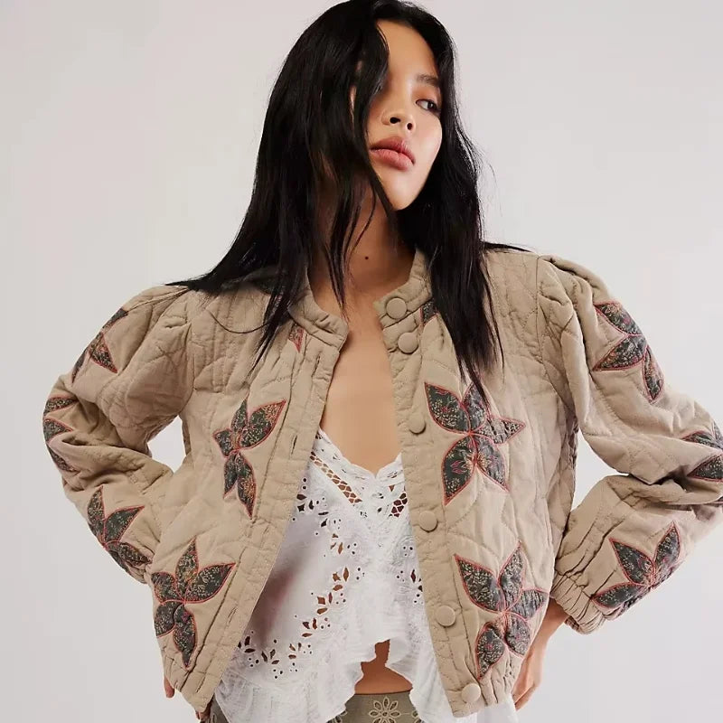 Print O-Neck Single-Breasted Jacket Khaki