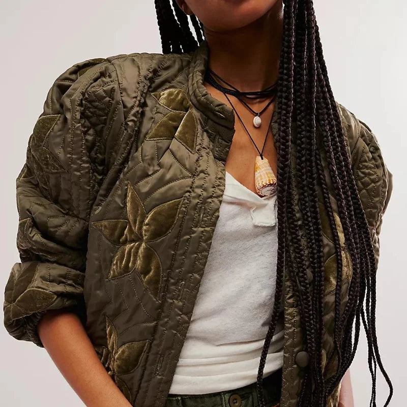 Print O-Neck Single-Breasted Jacket Army green