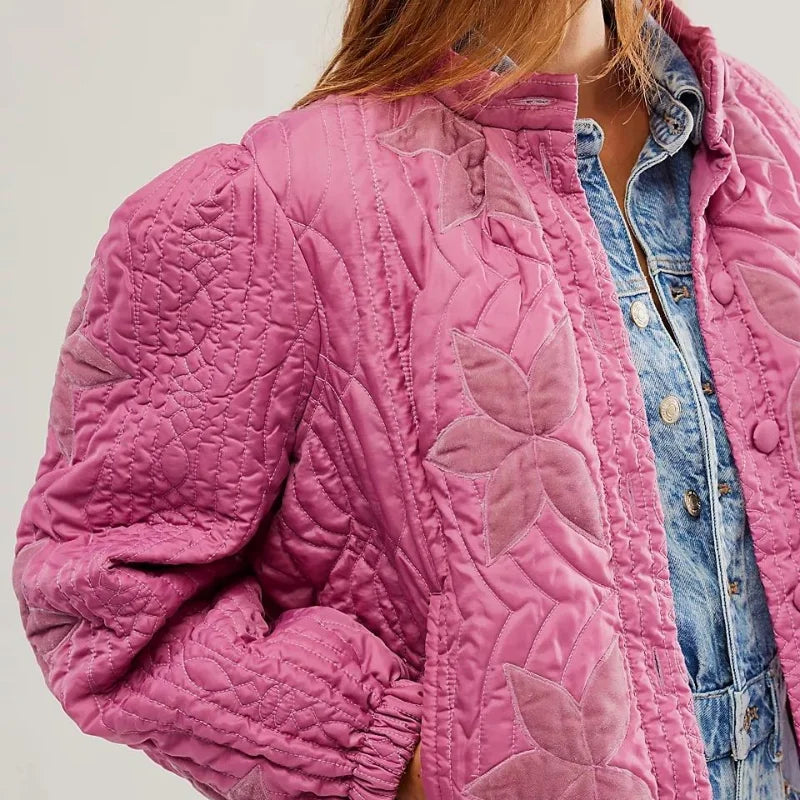 Print O-Neck Single-Breasted Jacket Pink