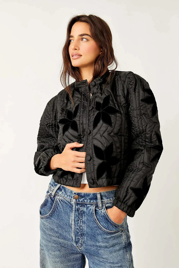 Print O-Neck Single-Breasted Jacket Black