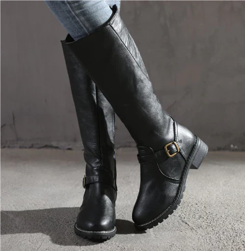Women Leather Knee High Boots Black