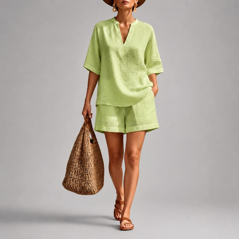 Quinn | Women's Linen V-Neck Short Sleeve Matching Outfit-MODAUTLET