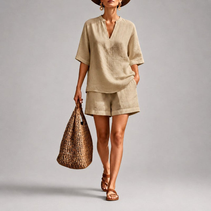 Quinn | Women's Linen V-Neck Short Sleeve Matching Outfit-MODAUTLET