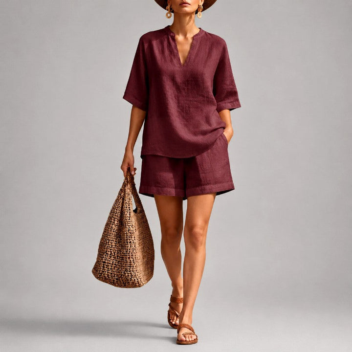 Quinn | Women's Linen V-Neck Short Sleeve Matching Outfit-MODAUTLET