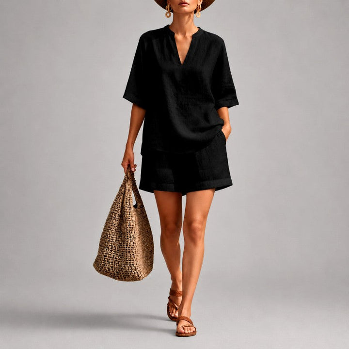 Quinn | Women's Linen V-Neck Short Sleeve Matching Outfit-MODAUTLET