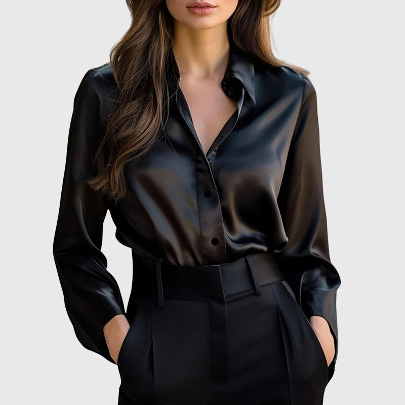 Rachel | Women's Long-Sleeve Satin Collared Top-MODAUTLET