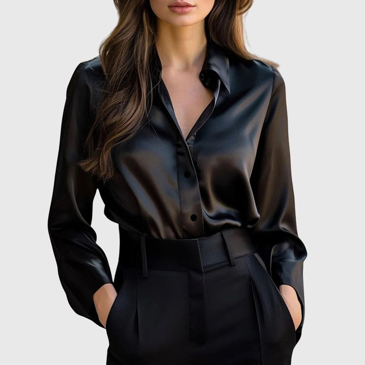 Rachel | Women's Long-Sleeve Satin Collared Top-MODAUTLET