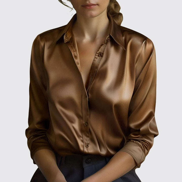 Rachel | Women's Long-Sleeve Satin Collared Top-MODAUTLET