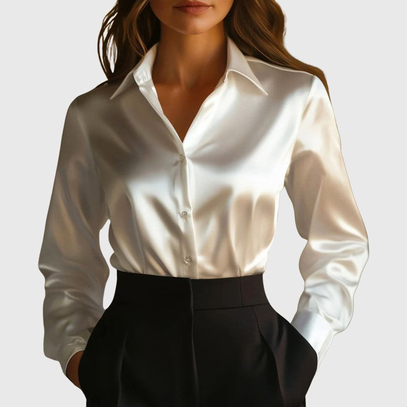 Rachel | Women's Long-Sleeve Satin Collared Top-MODAUTLET