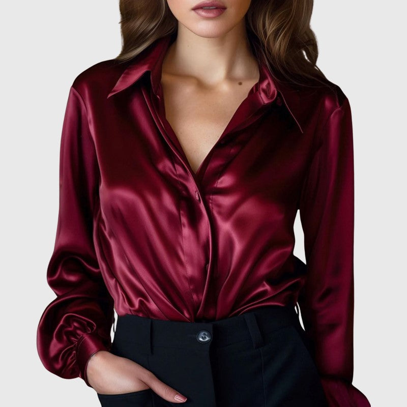 Rachel | Women's Long-Sleeve Satin Collared Top-MODAUTLET
