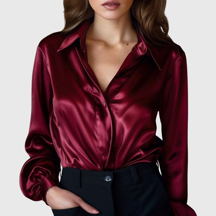 Rachel | Women's Long-Sleeve Satin Collared Top-MODAUTLET