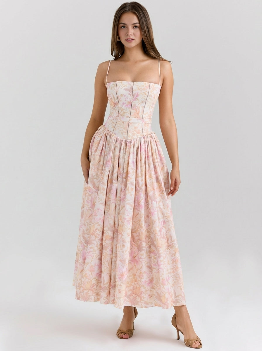 Rania | Women's Floral A-Line Maxi Sun Dresses Floral Pink