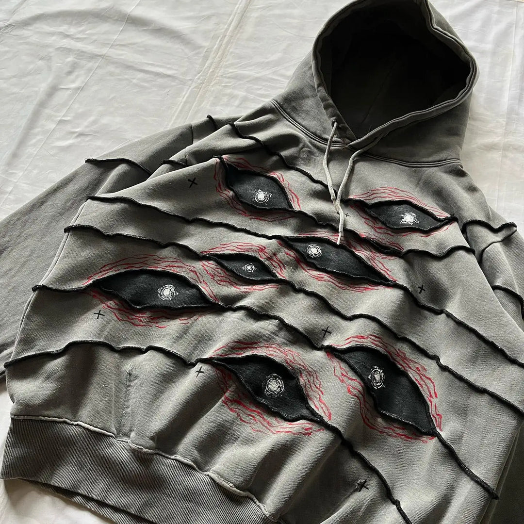 Retro Patchwork Hoodie With Geometric Streetwear Vibes Grey