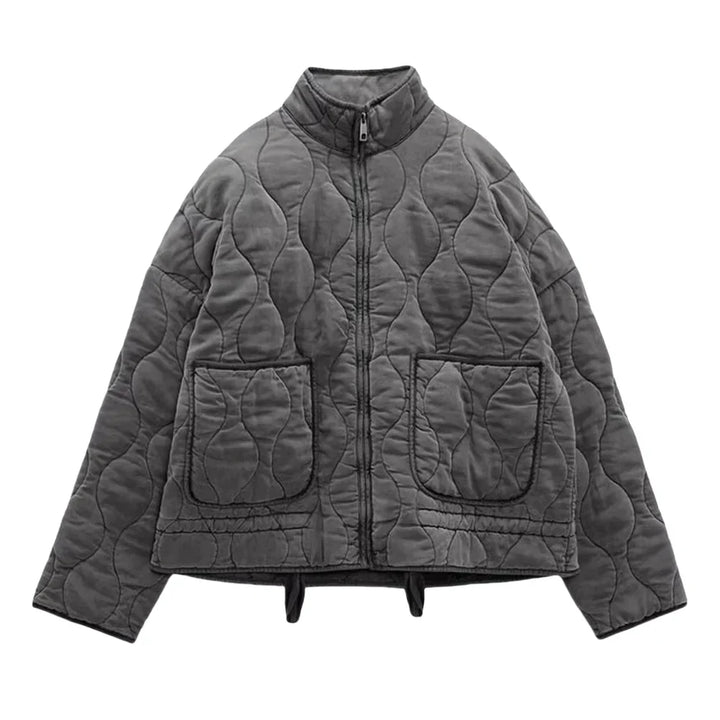 Reversible Diamond-Embellished Short Jacket – Cozy Autumn/Winter Layer Gray