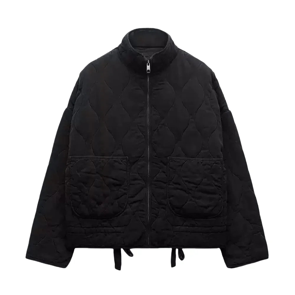 Reversible Diamond-Embellished Short Jacket – Cozy Autumn/Winter Layer Black