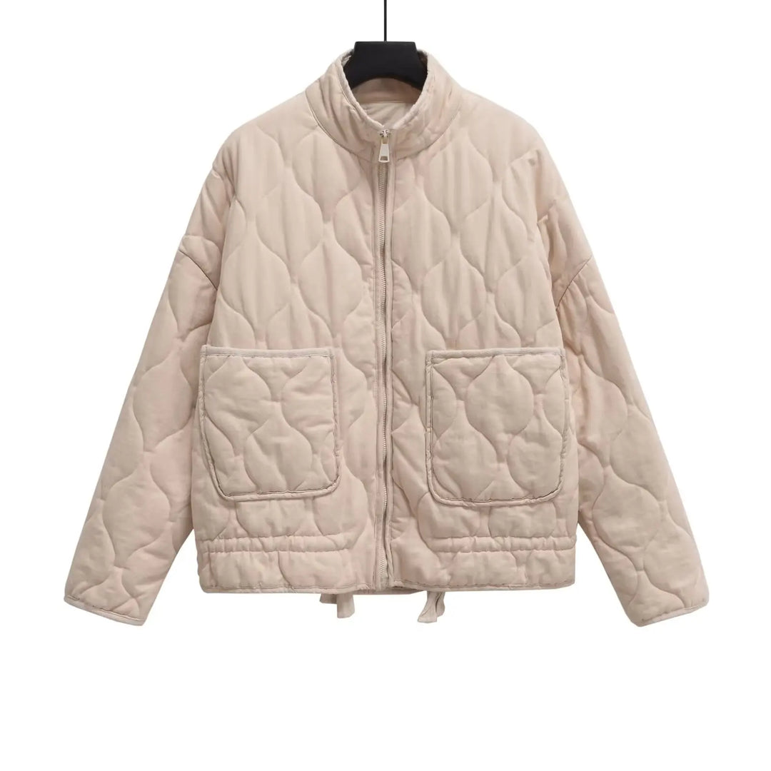 Reversible Diamond-Embellished Short Jacket – Cozy Autumn/Winter Layer Beige