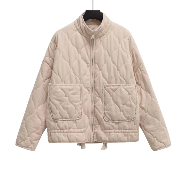 Reversible Diamond-Embellished Short Jacket – Cozy Autumn/Winter Layer Beige
