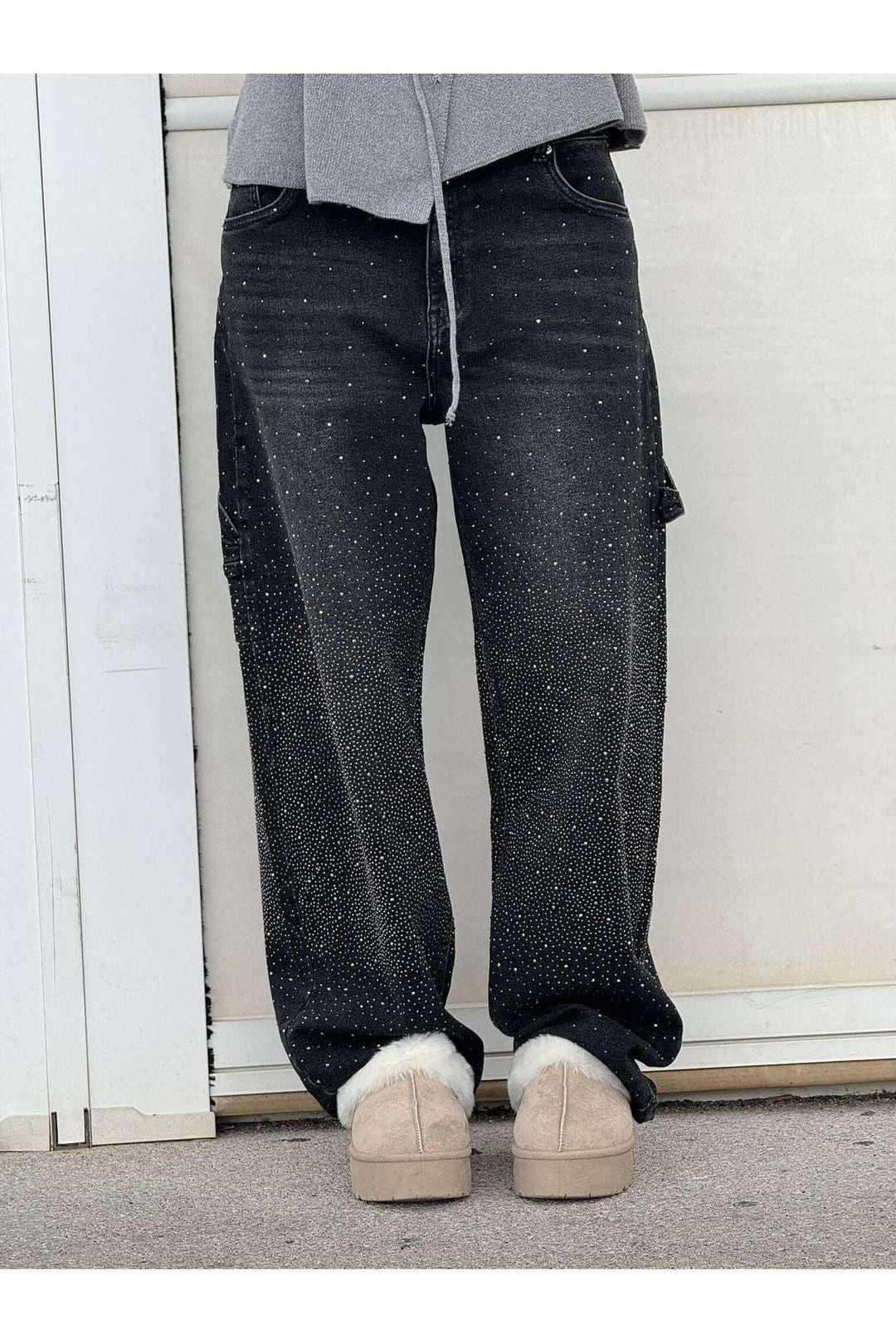 Rhinestone Wide Leg Jeans Sparkling Denim Glam Fashion Black