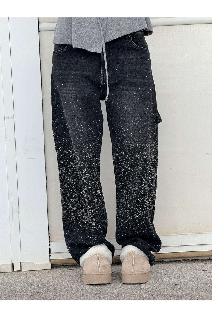 Rhinestone Wide Leg Jeans Sparkling Denim Glam Fashion Black