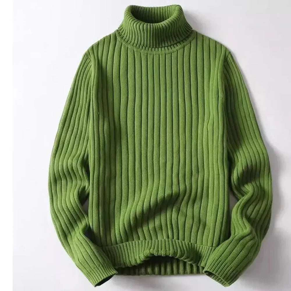 Ribbed Knit Turtleneck Sweater for Women Green