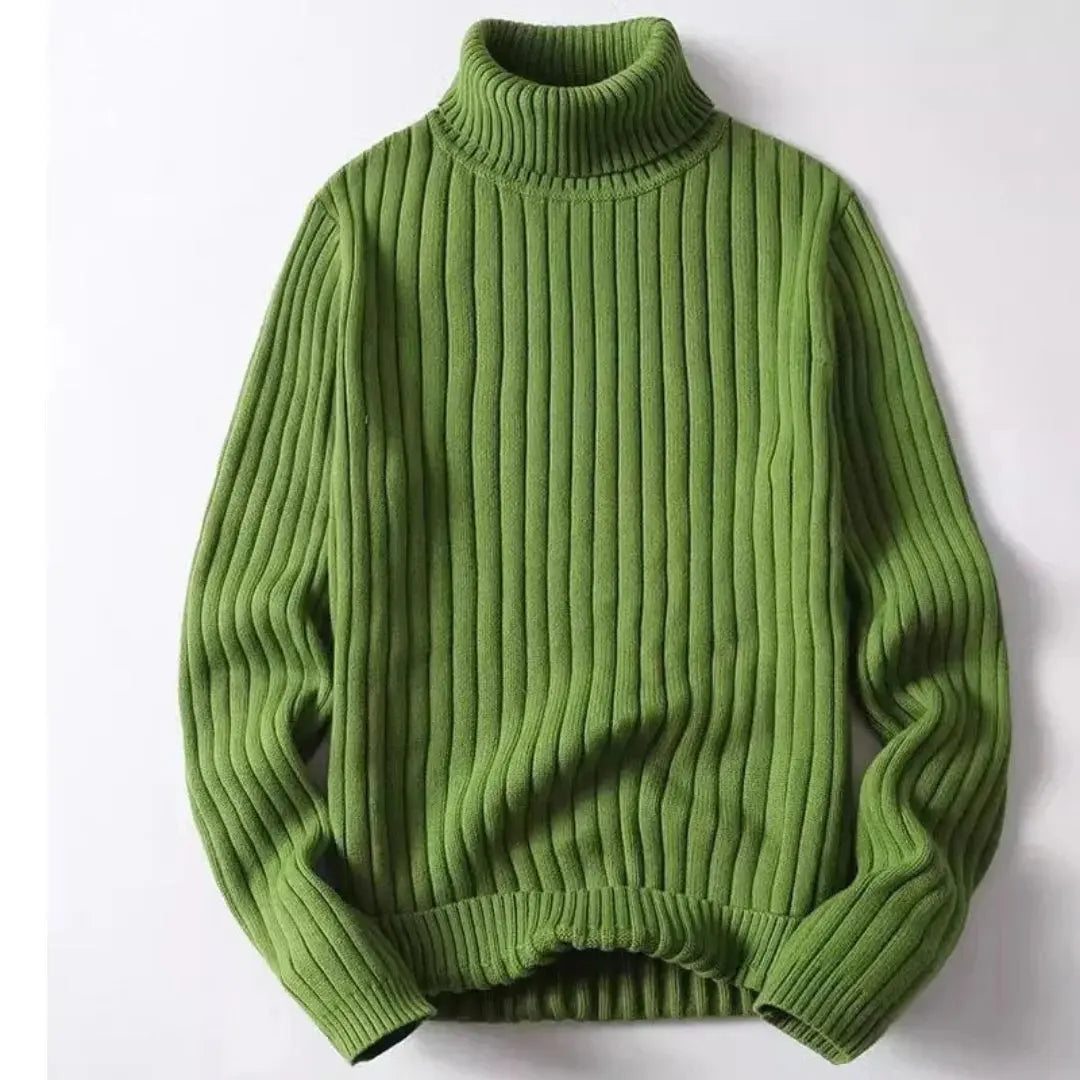 Ribbed Knit Turtleneck Sweater for Women Green