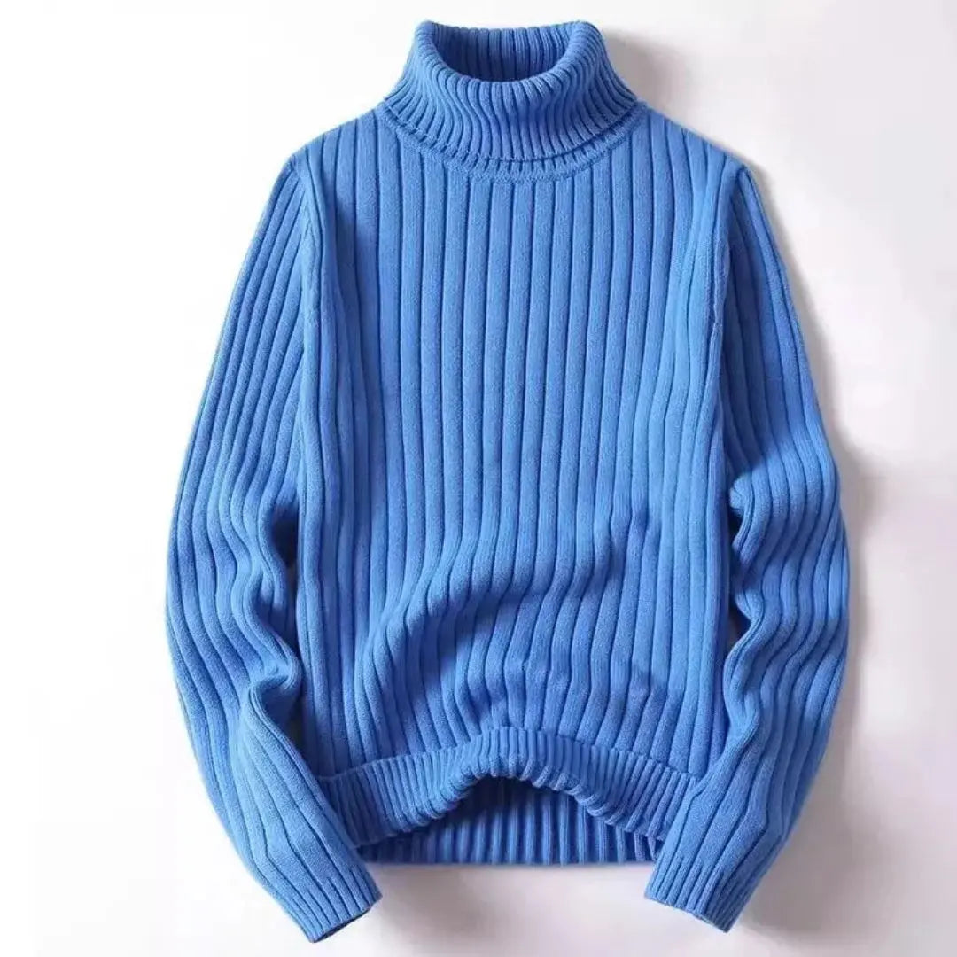 Ribbed Knit Turtleneck Sweater for Women Blue