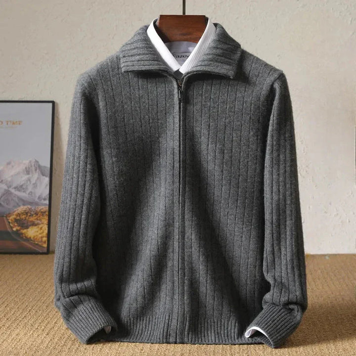 Ribbed Zip-Up Wool Cardigan Gray