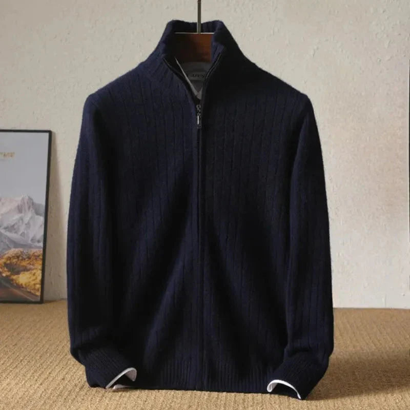Ribbed Zip-Up Wool Cardigan Black