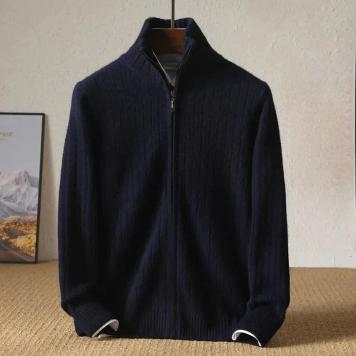 Ribbed Zip-Up Wool Cardigan Black