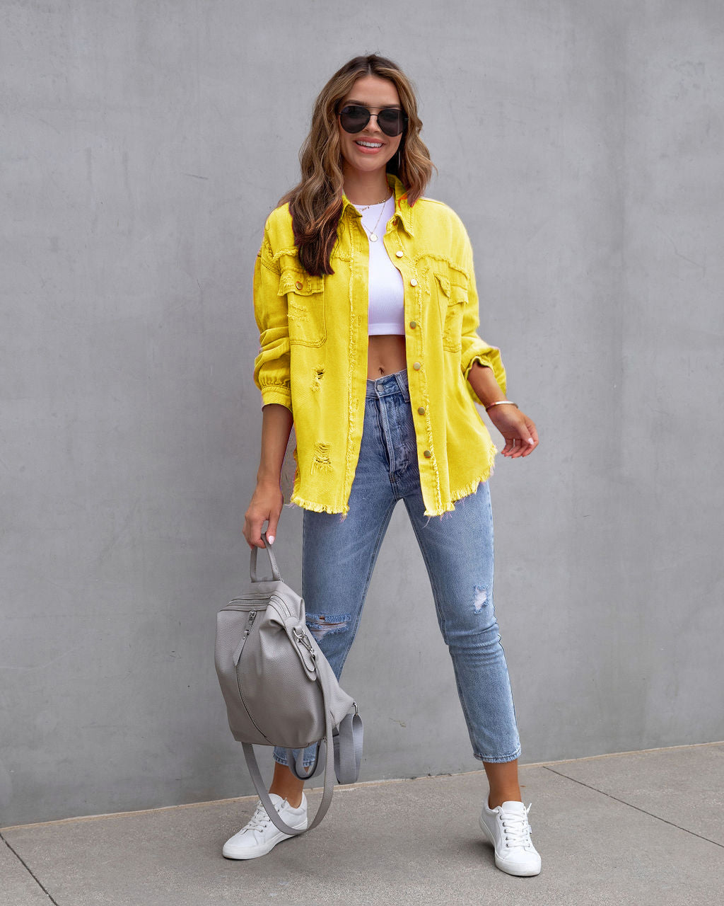 Ripped Shacket For Women Overshirt Jacket Breathable Cotton Yellow