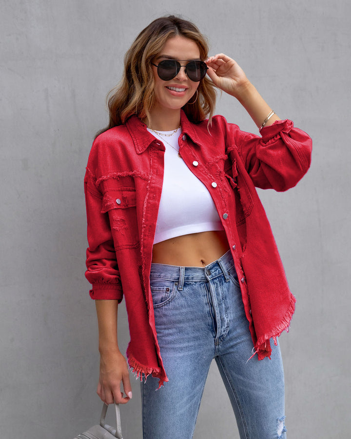 Ripped Shacket For Women Overshirt Jacket Breathable Cotton Red