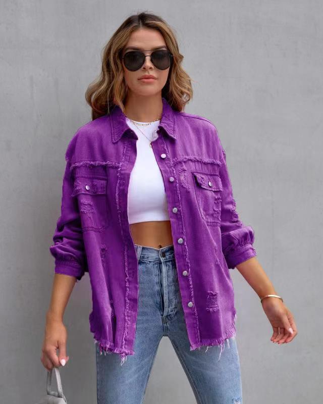 Ripped Shacket For Women Overshirt Jacket Breathable Cotton Purple
