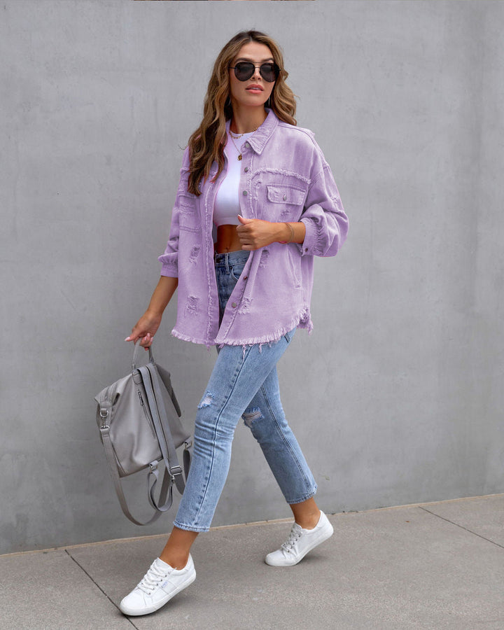 Ripped Shacket For Women Overshirt Jacket Breathable Cotton