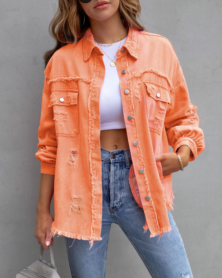 Ripped Shacket For Women Overshirt Jacket Breathable Cotton Orange