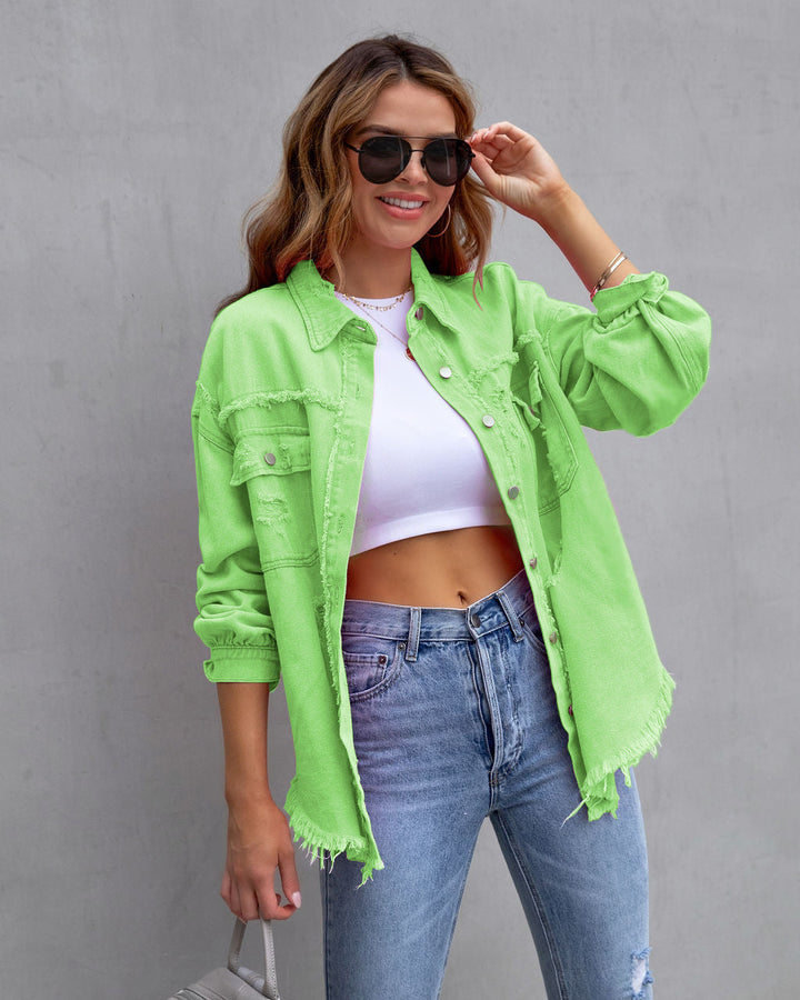 Ripped Shacket For Women Overshirt Jacket Breathable Cotton Apple Green