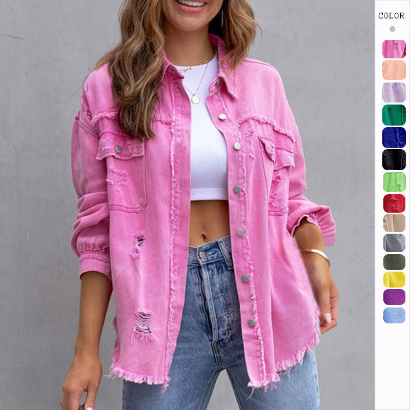Ripped Shacket For Women Overshirt Jacket Breathable Cotton
