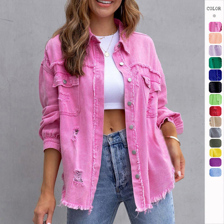 Ripped Shacket For Women Overshirt Jacket Breathable Cotton