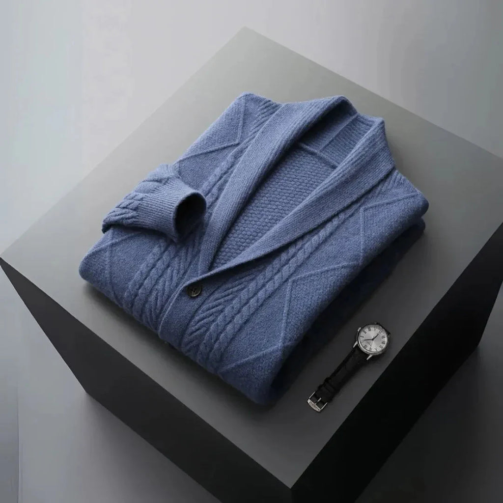 Merino Wool Shawl Collar Cardigan Blue