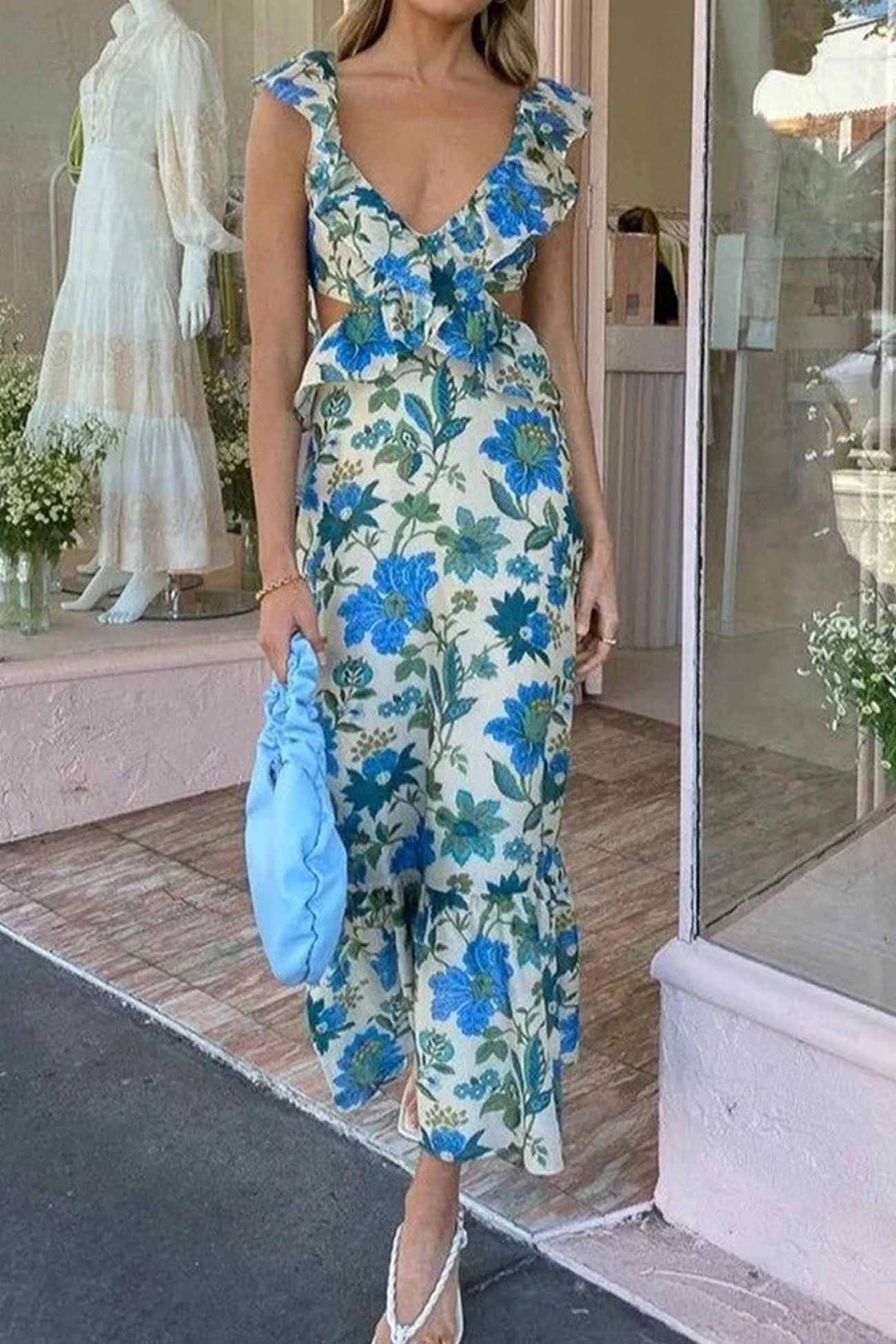 Bethany | Damska kwiatowa elegancka sukienka maxi z falbanami