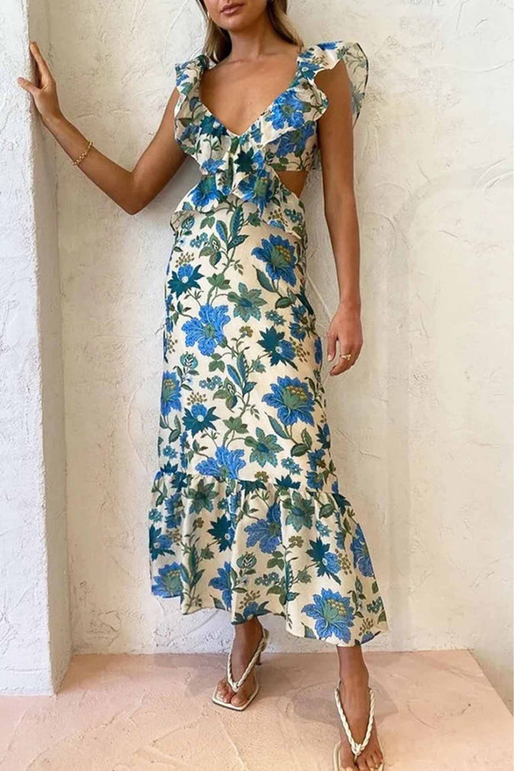 Bethany | Damska kwiatowa elegancka sukienka maxi z falbanami
